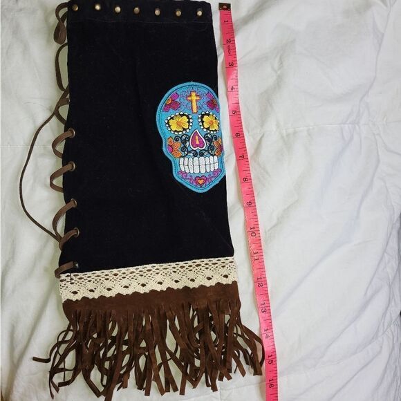 NWT Sugar Skull Women's Black Western Cowboy Fringe‎ Boot Covers  Adjustable - Picture 5 of 6